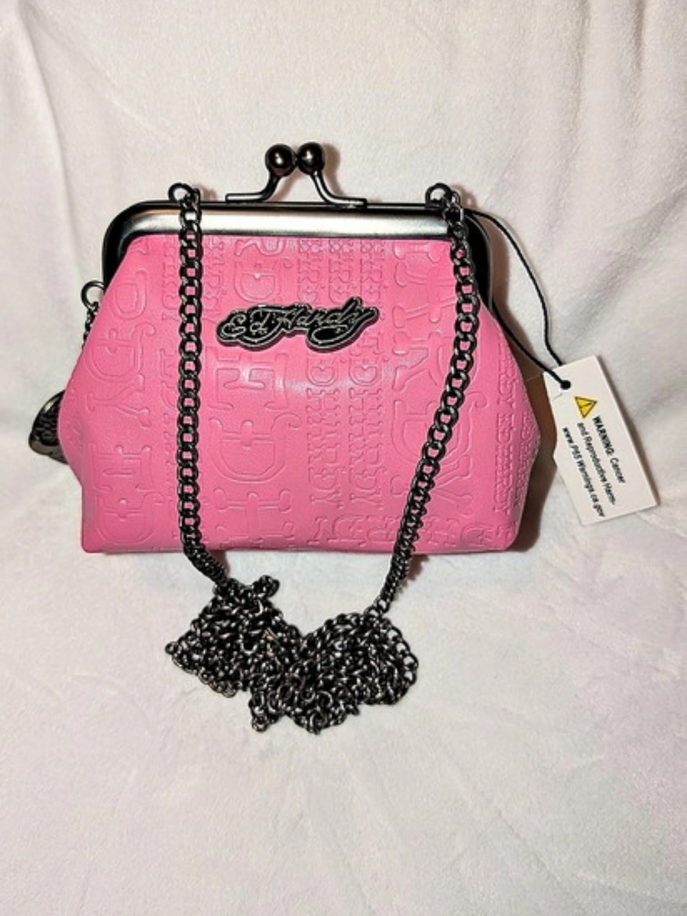 Ed Hardy Crossbody Kiss Lock Mini With Chain Bag Pink Black Gunmetal NWOT